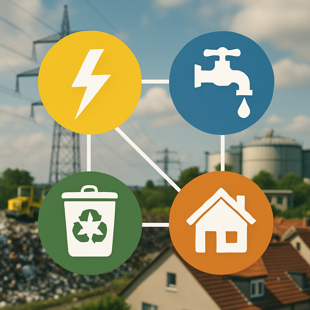 photographic Erstelle ein Bild das Energie Wasserversorgung Abfallentsorgung und private Haushalte vereint Nutze dazu symbole-1