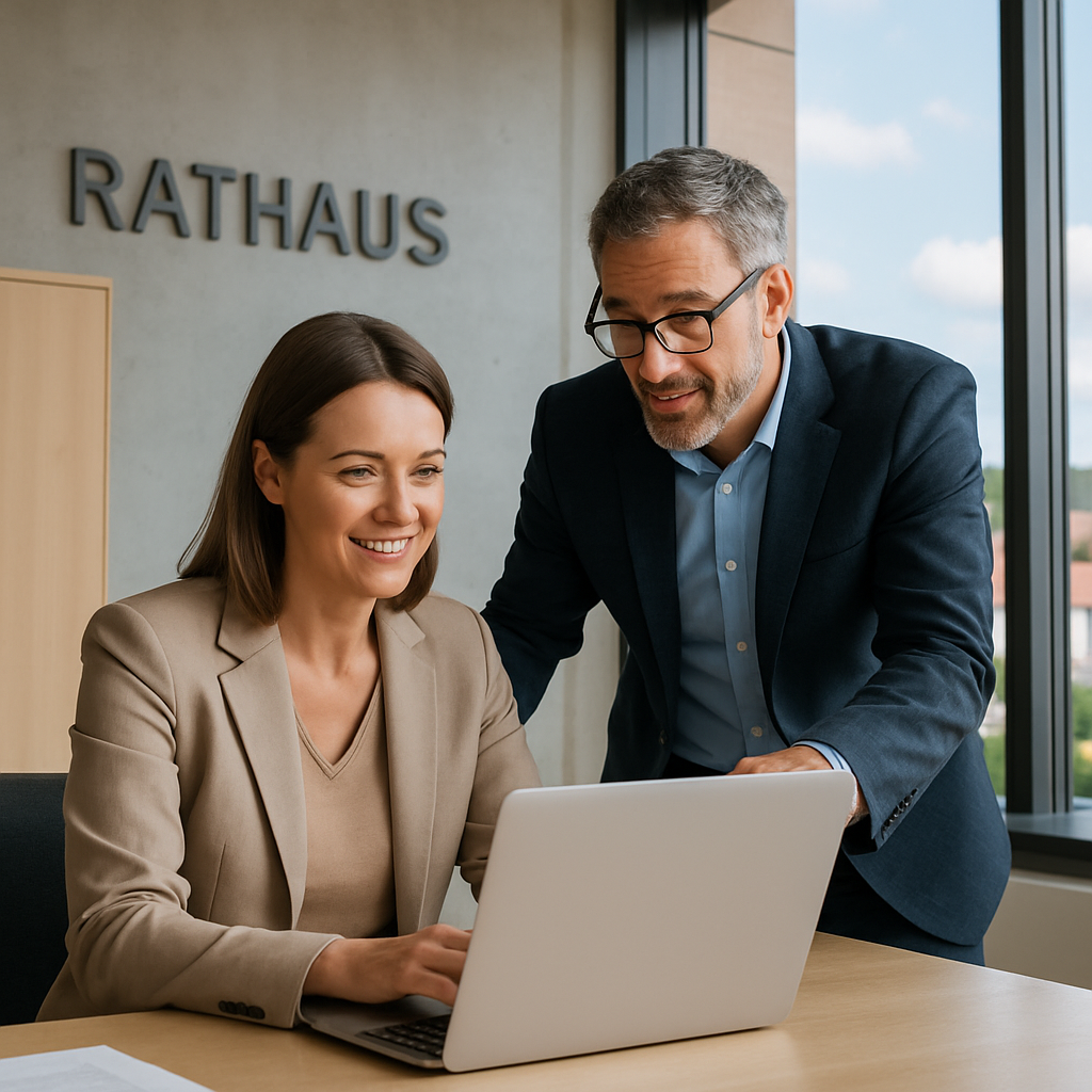 photographic Zeige eine Mitarbeiterin an einem Laptop die von einen externen Berater untersttzt wird Sie befinden sich im Rathaus Die Mitarbeiterin ha-2